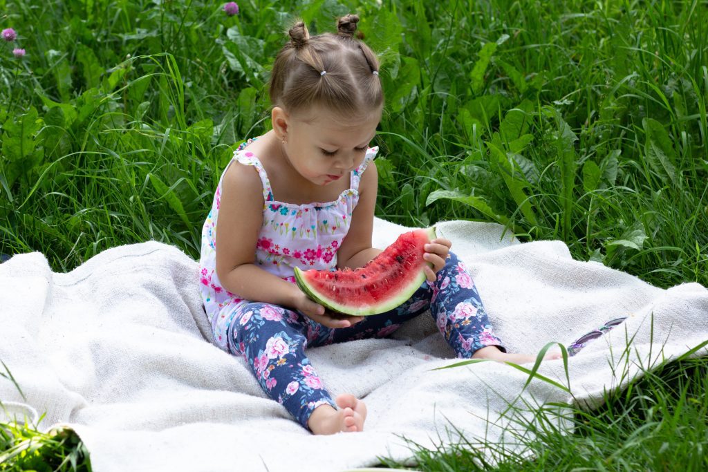 Happy little girl eating water melon in summer park